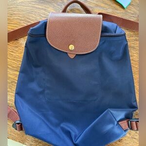 Longchamp Navy and Brown Leather Backpack